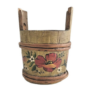 Vintage Pipka Hand Painted Wooden Firkin Bucket Folk Art Floral Rustic Decor